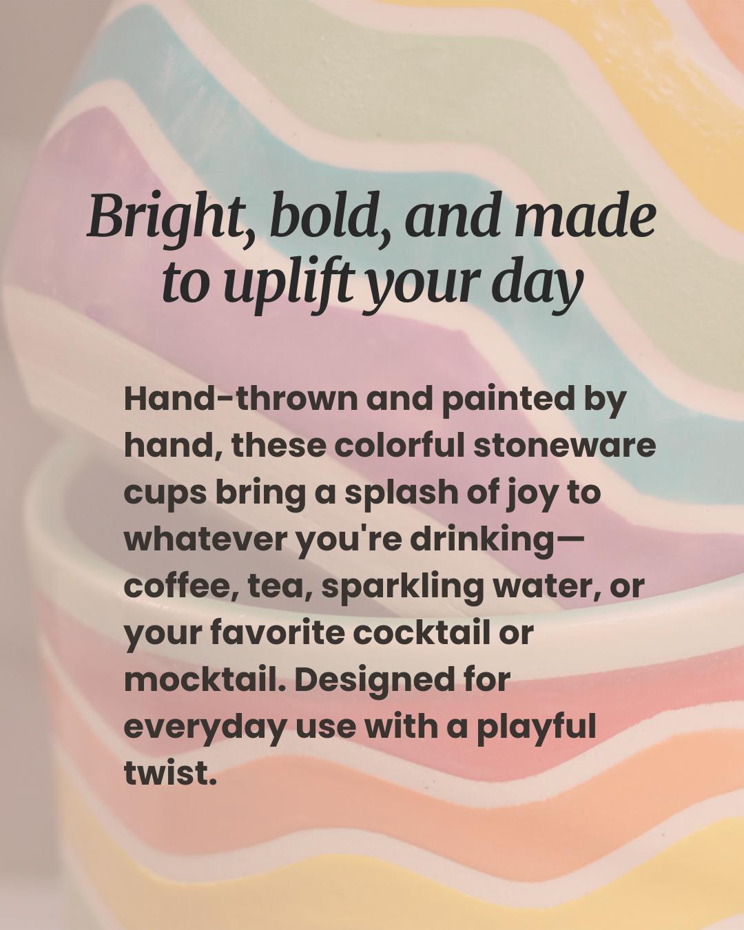 Rainbow Wave Ceramic Cup: Handmade Stoneware Pottery Tumbler, 12oz