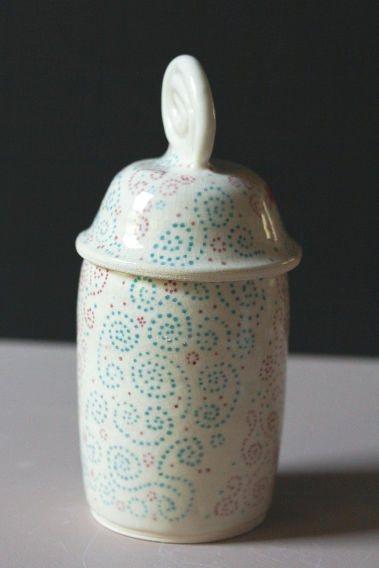 Porcelain Curlicue Lidded Jar – Handmade Ceramic Storage Jar with Sculptural Lid – 9” Tall