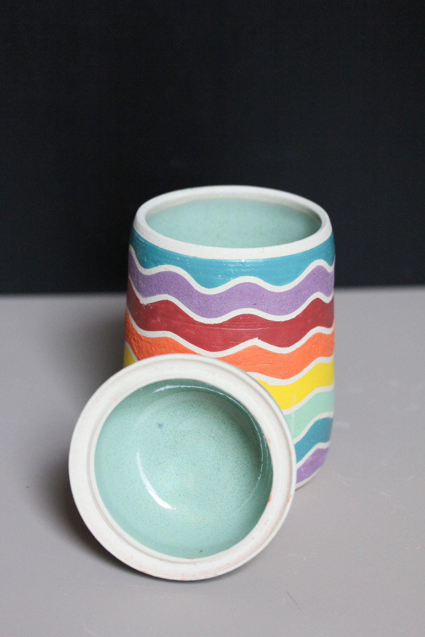 Rainbow Ceramic Jar with Lid: Hand-Thrown Stoneware Storage Container
