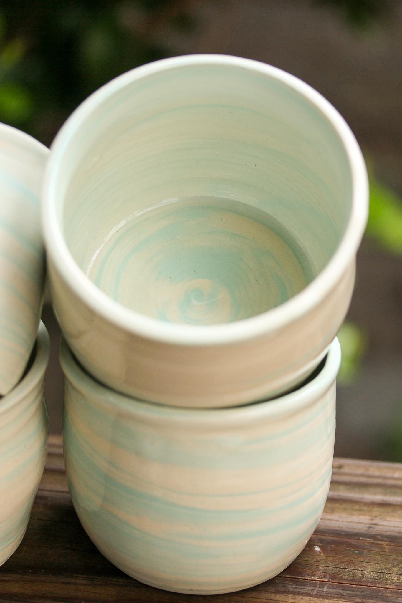 Handmade Marbleware Porcelain Cup: Seafoam Green Swirl Design
