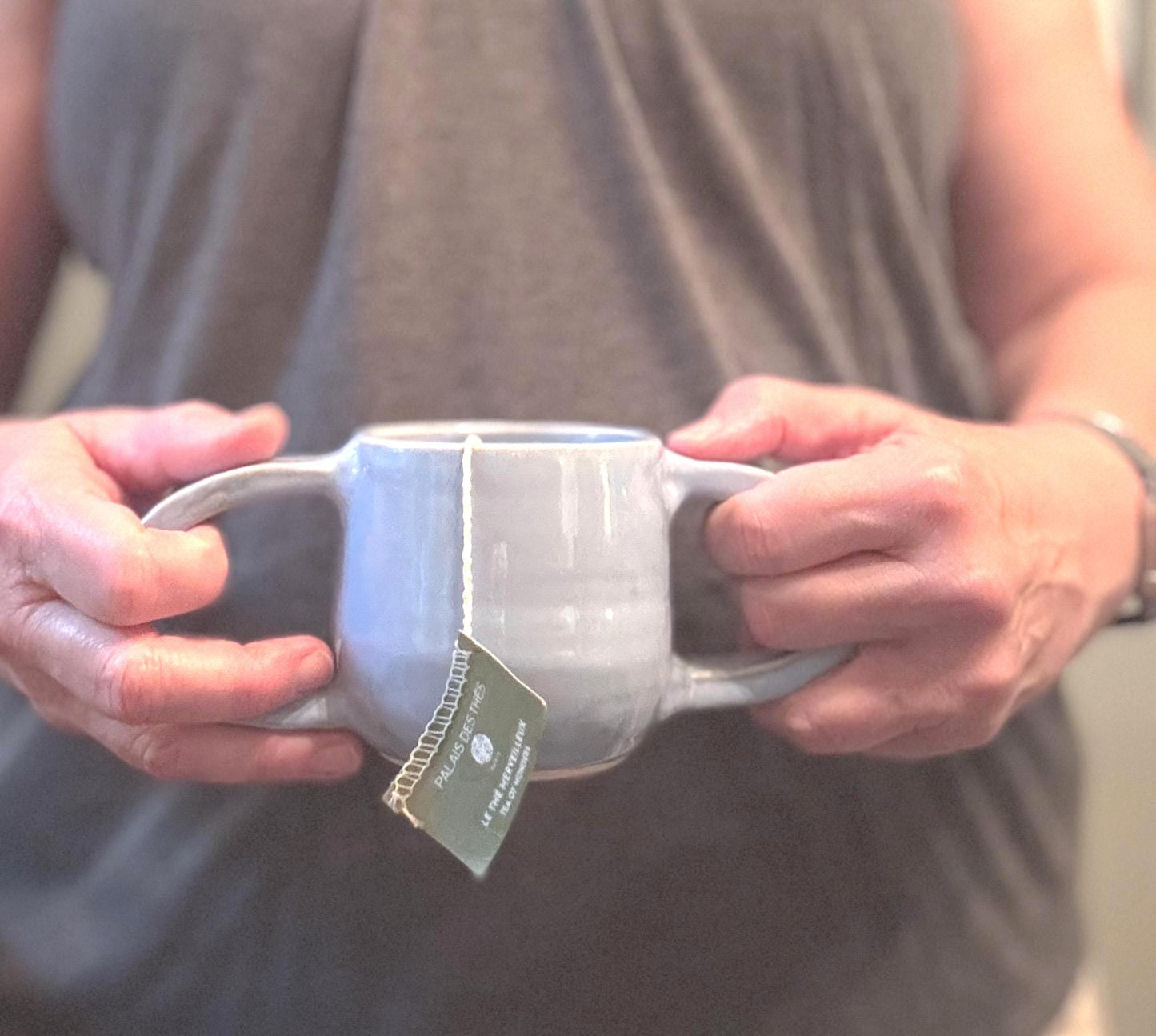 Steady Mug: Light Blue Porcelain Mug: Double Handle Pottery, 8 oz