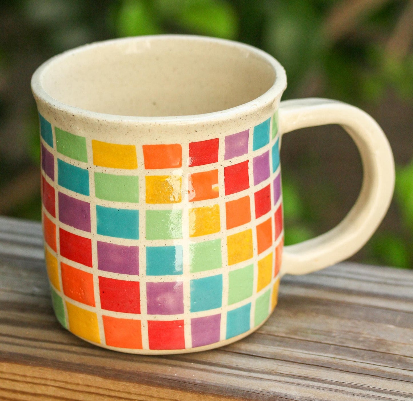 Handmade Stoneware Coffee Mug: Bright Geometric Design, 16 oz; Big Mug