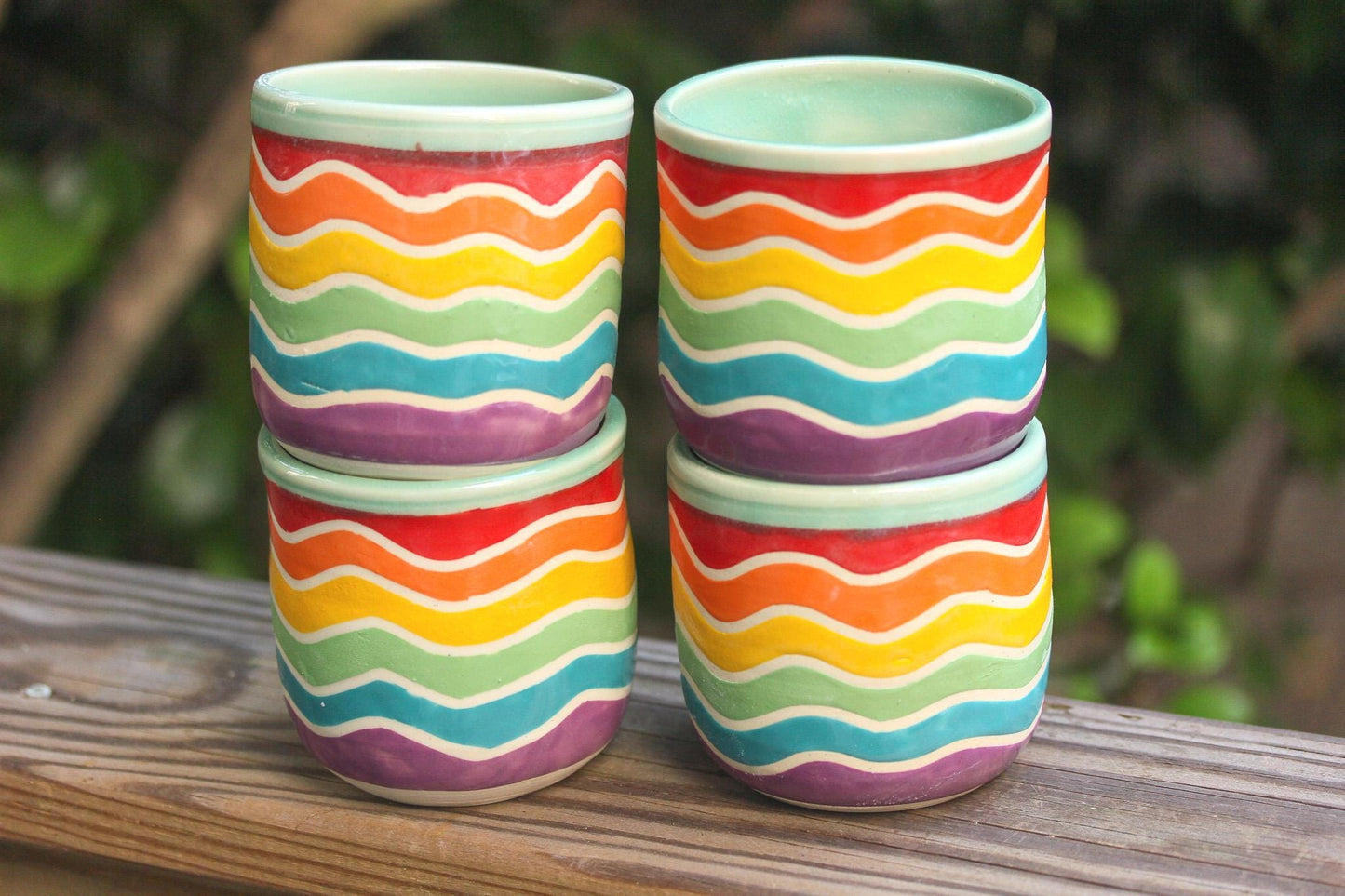 Rainbow Wave Ceramic Cup: Handmade Stoneware Pottery Tumbler, 12oz