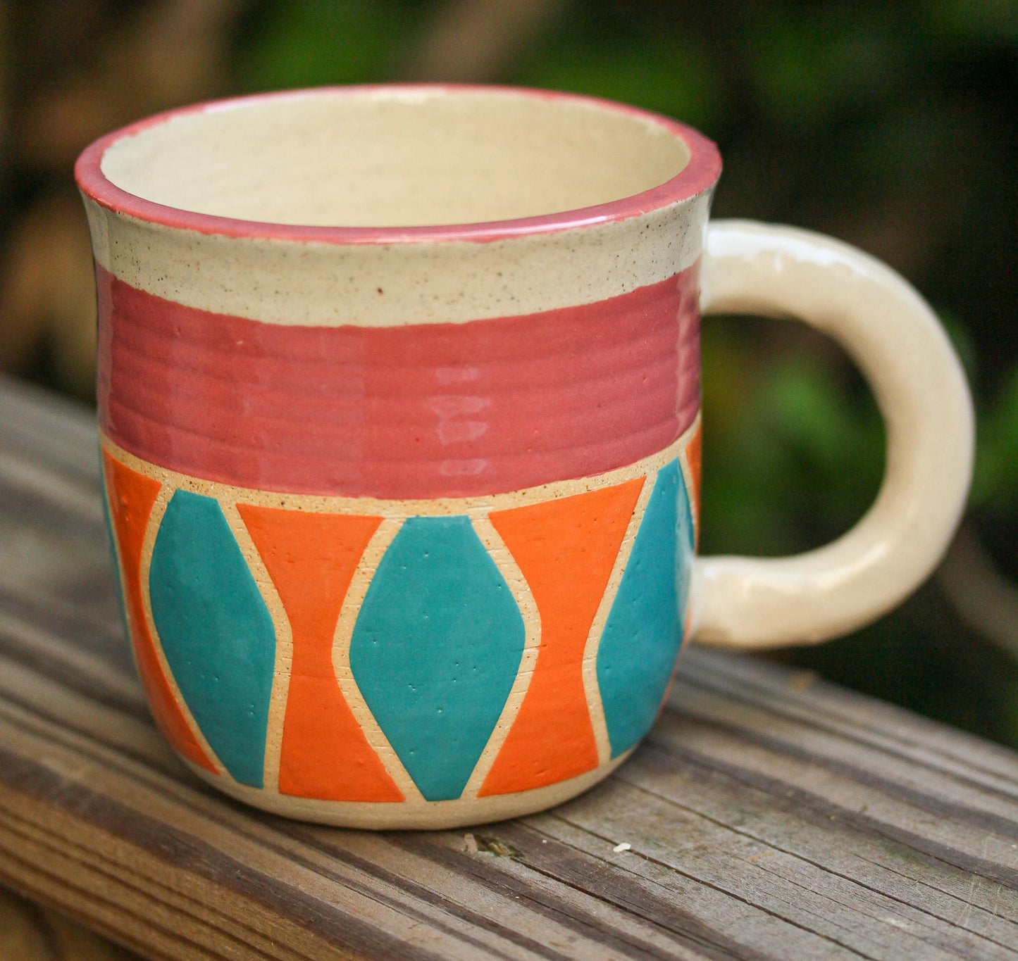 Handmade Stoneware Coffee Mug: Bright Geometric Design, 16 oz; Big Mug