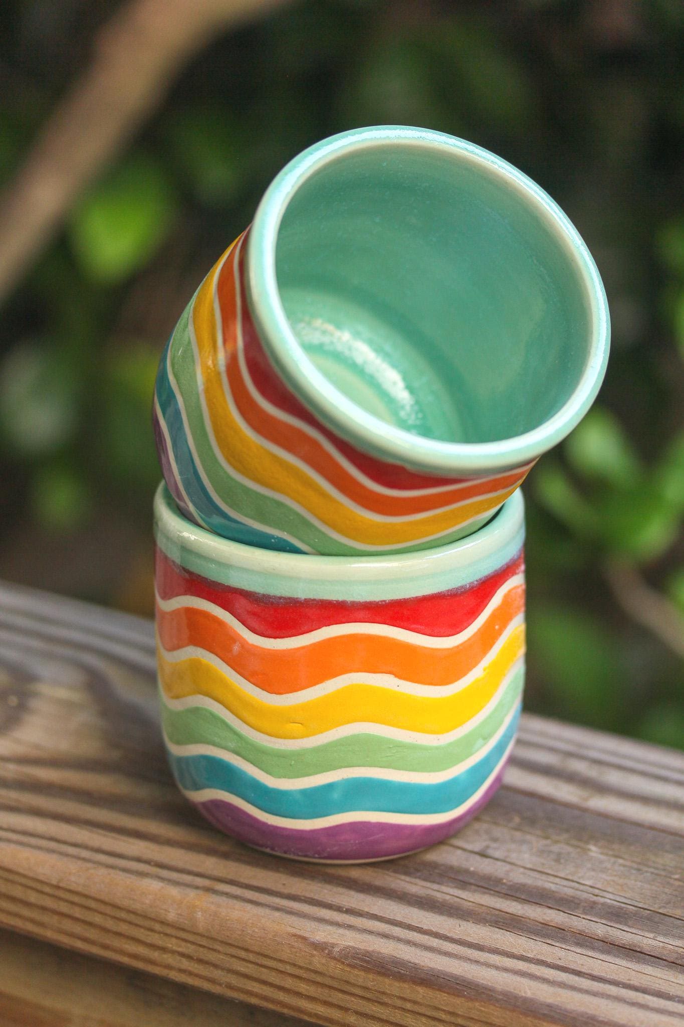 Rainbow Wave Ceramic Cup: Handmade Stoneware Pottery Tumbler, 12oz