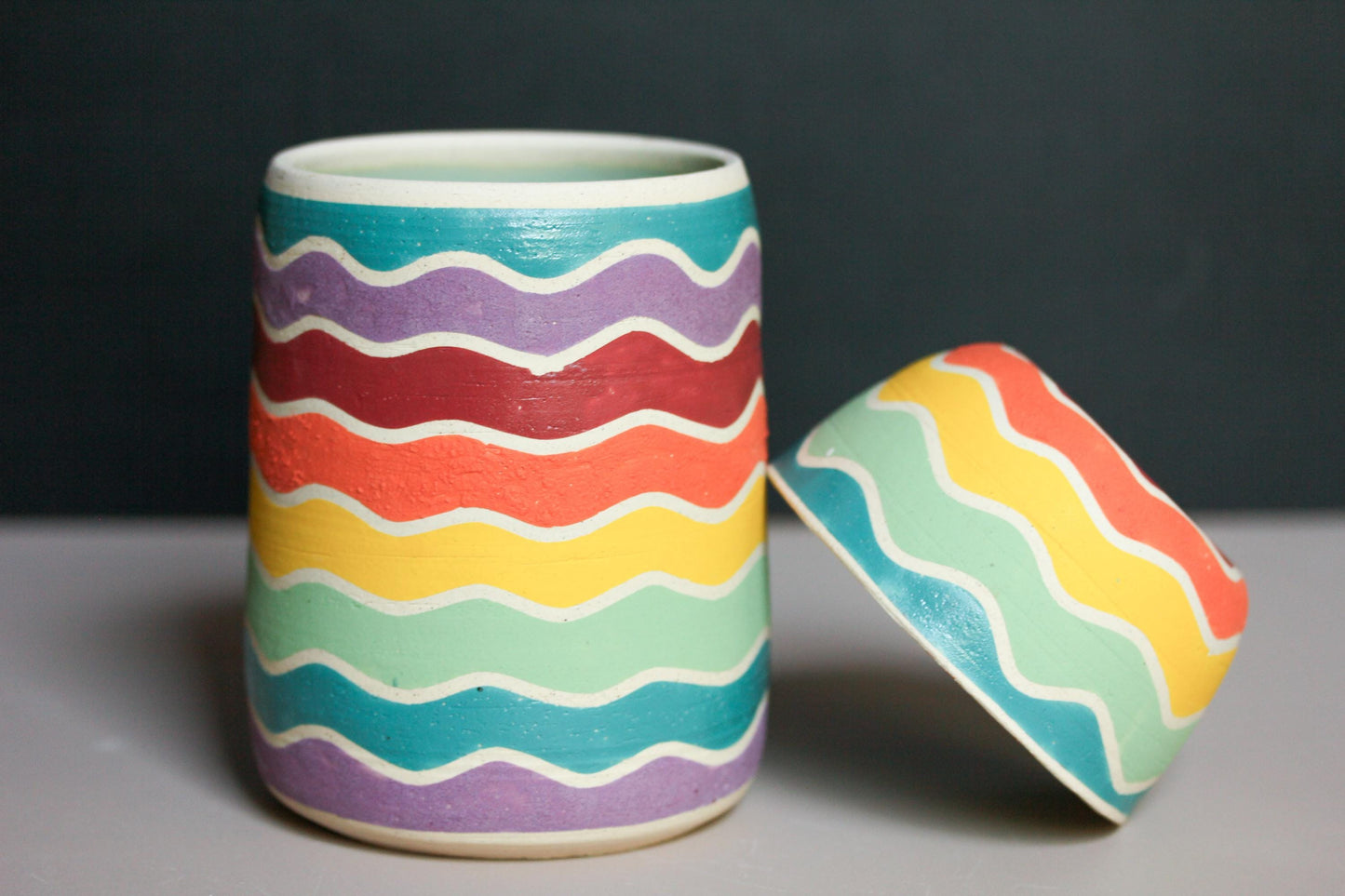 Rainbow Ceramic Jar with Lid: Hand-Thrown Stoneware Storage Container