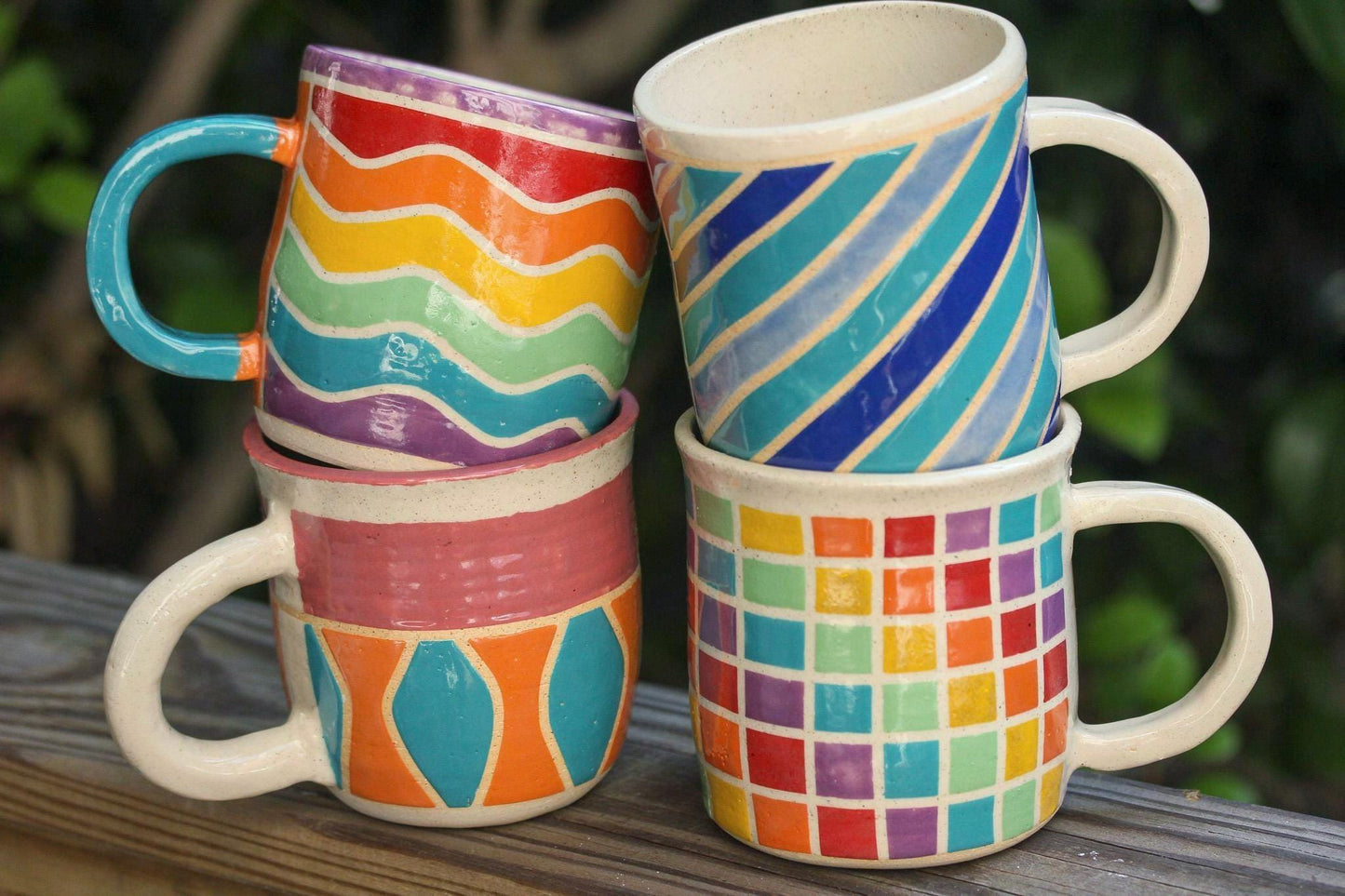 Handmade Stoneware Coffee Mug: Bright Geometric Design, 16 oz; Big Mug