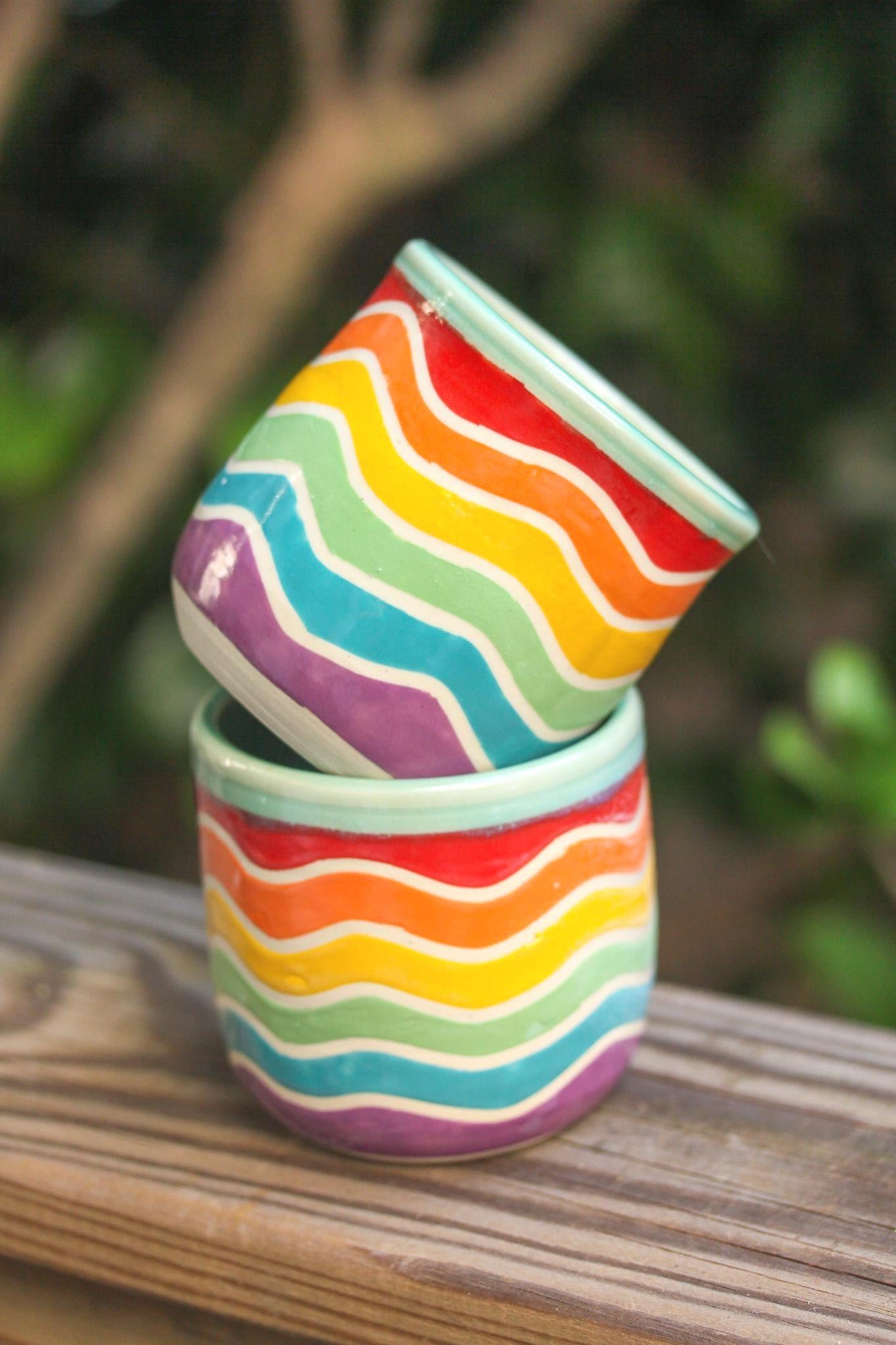 Rainbow Wave Ceramic Cup: Handmade Stoneware Pottery Tumbler, 12oz