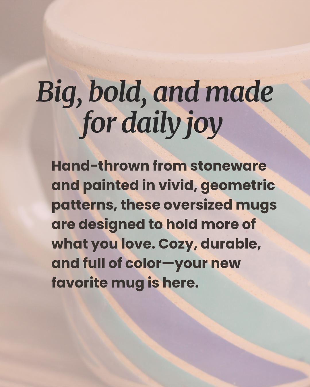 Handmade Stoneware Coffee Mug: Bright Geometric Design, 16 oz; Big Mug