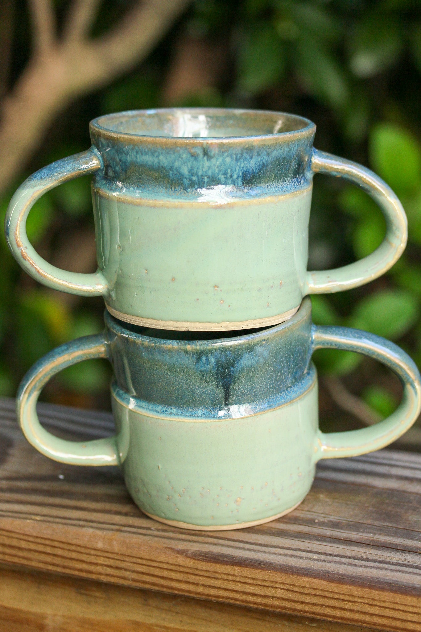 Steady Mug | Double-Handled Ceramic Mug for Grip Support or Tremors | Aqua with Dark Blue Trim