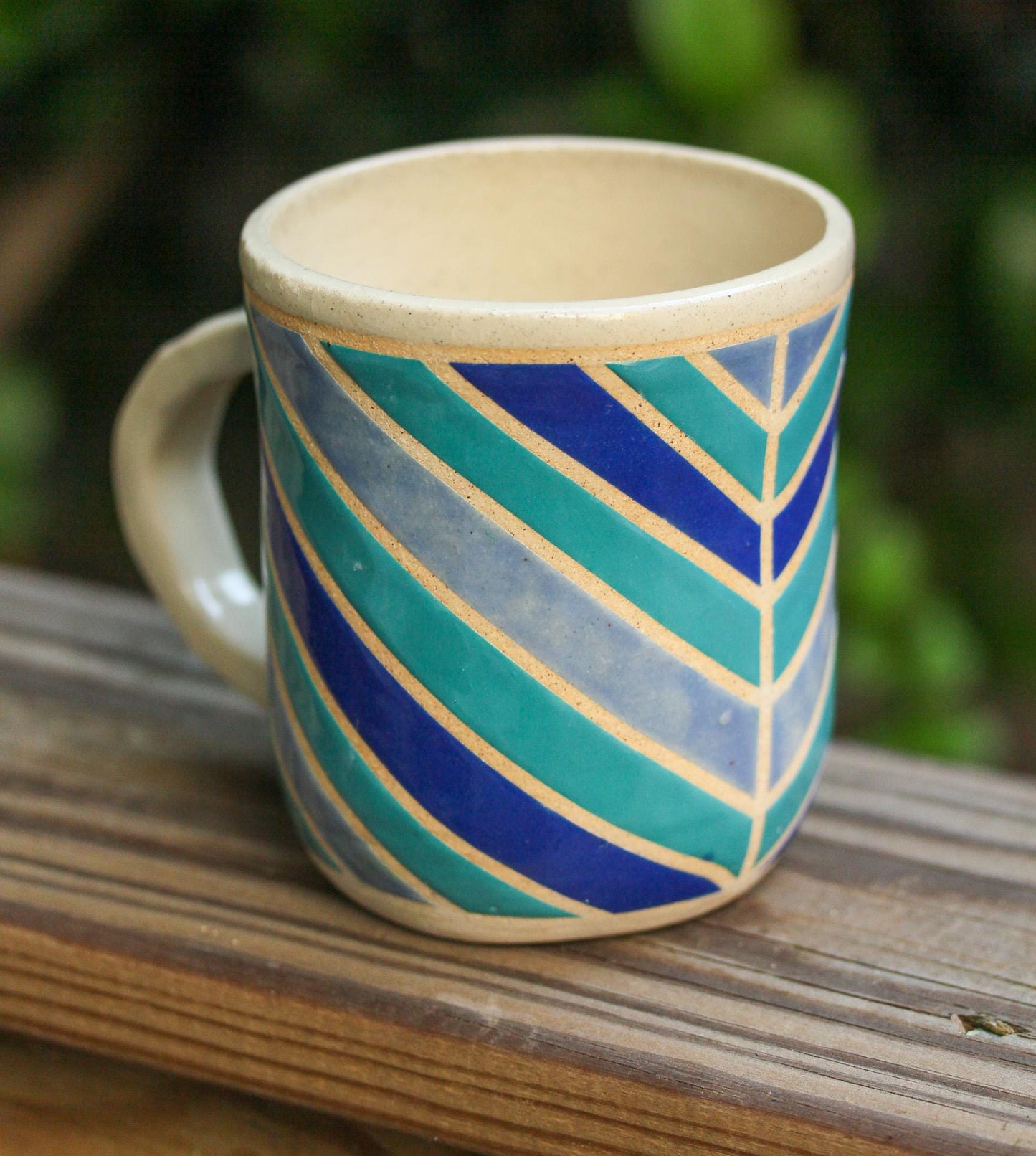 Handmade Stoneware Coffee Mug: Bright Geometric Design, 16 oz; Big Mug