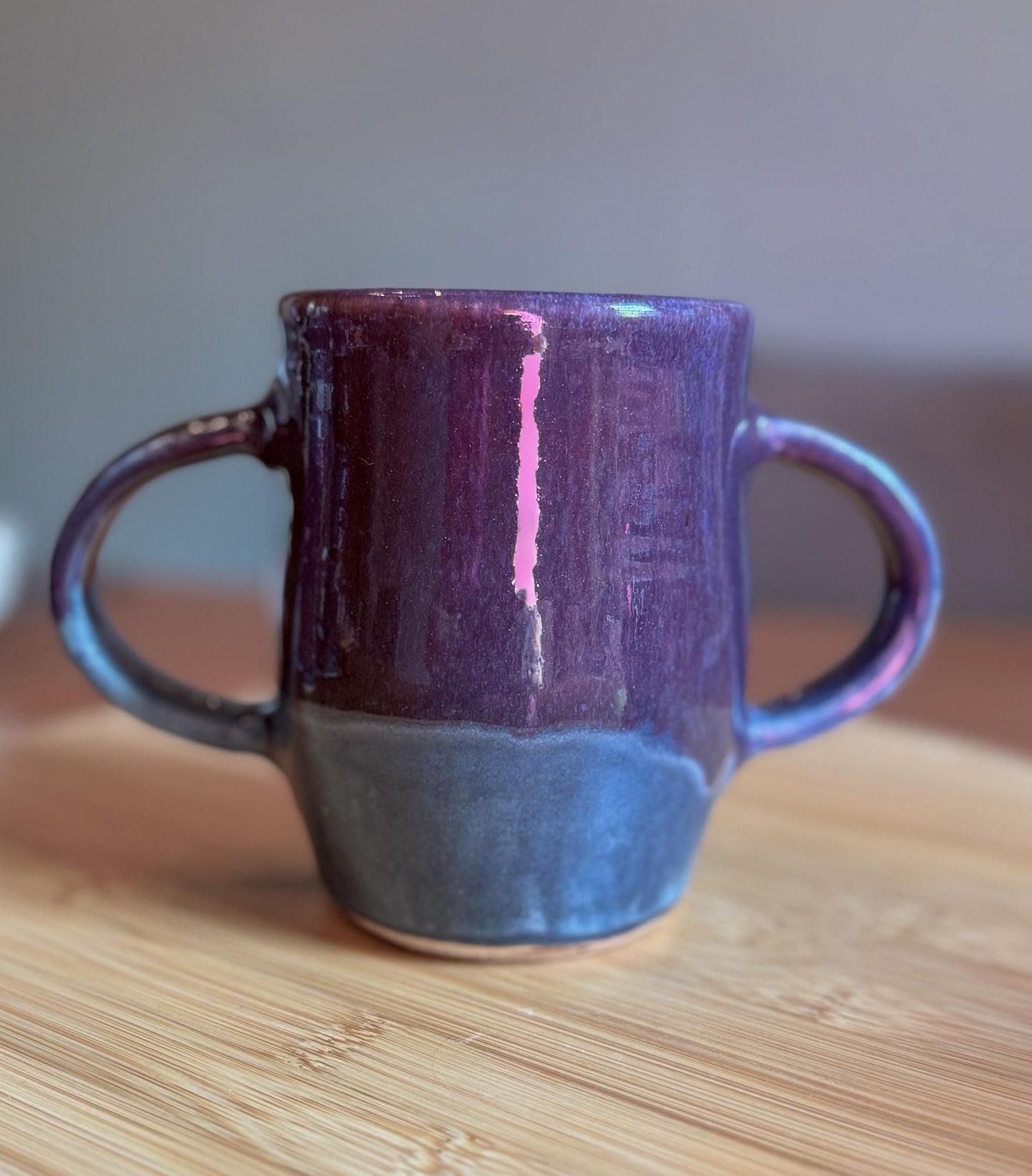 Steady Mug: Handmade Double Handled Mug: Purple Over Blue Ceramic Pottery