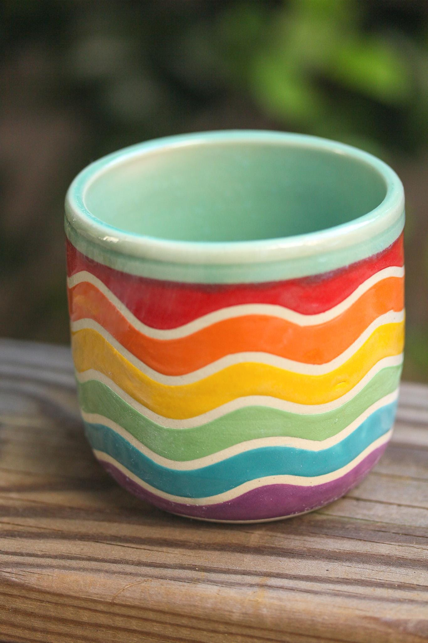 Rainbow Wave Ceramic Cup: Handmade Stoneware Pottery Tumbler, 12oz