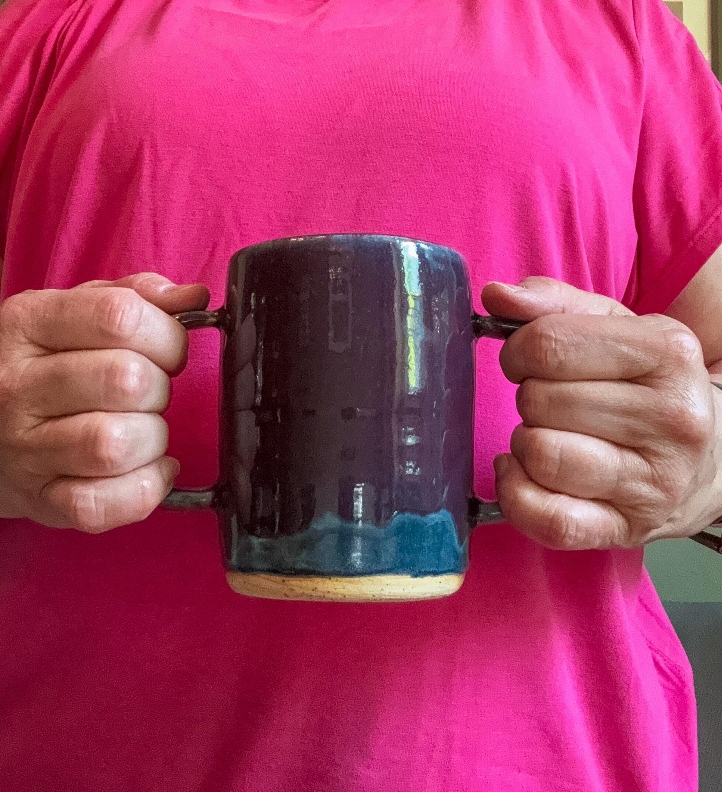 Steady Mug: Handmade Double Handled Mug: Purple Over Blue Ceramic Pottery