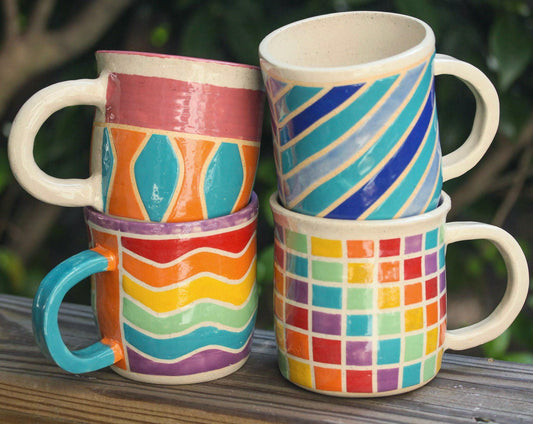 Handmade Stoneware Coffee Mug: Bright Geometric Design, 16 oz; Big Mug