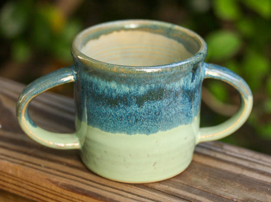 Steady Mug | Double-Handled Ceramic Mug for Grip Support or Tremors | Aqua with Dark Blue Trim