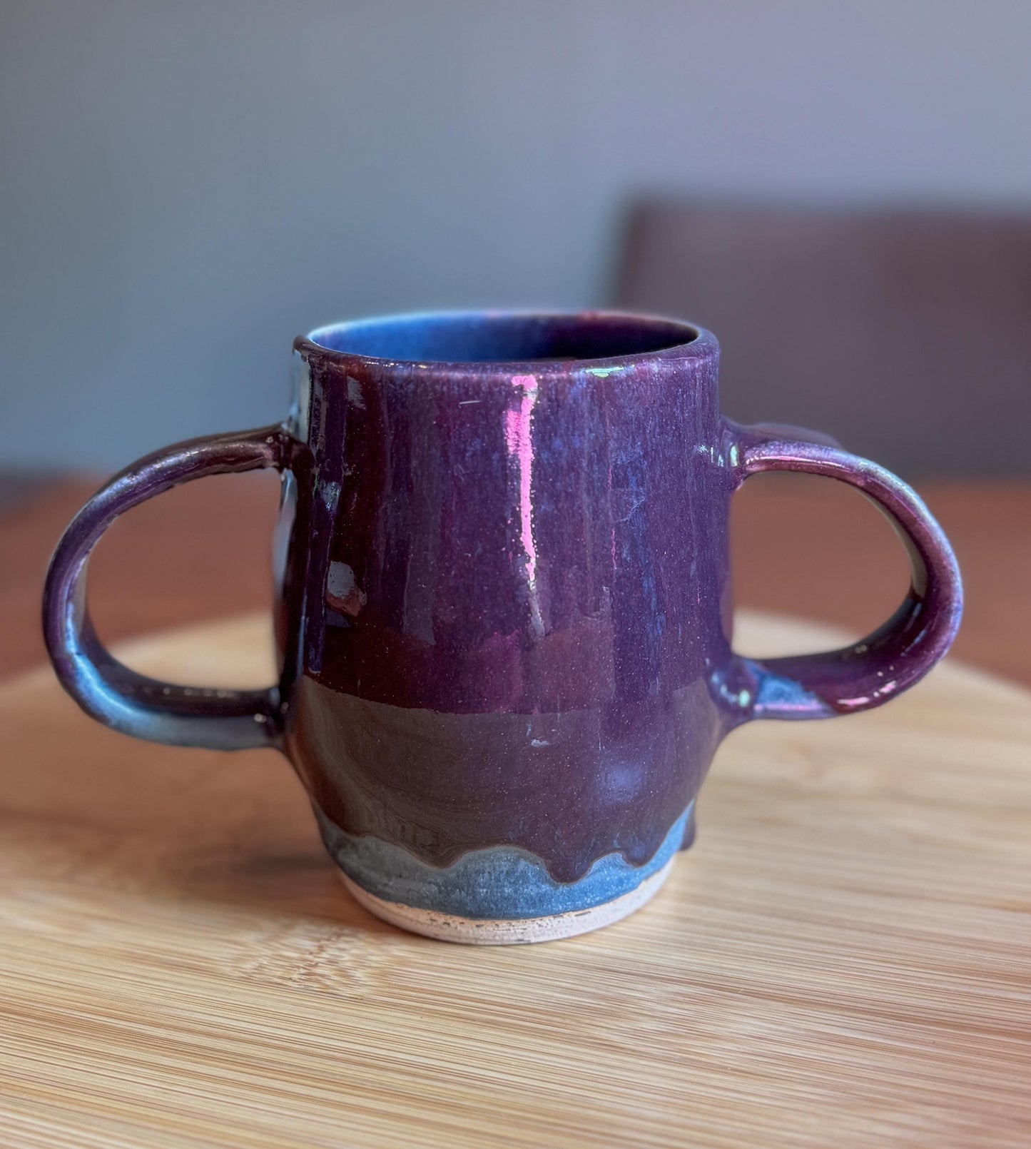 Steady Mug: Handmade Double Handled Mug: Purple Over Blue Ceramic Pottery