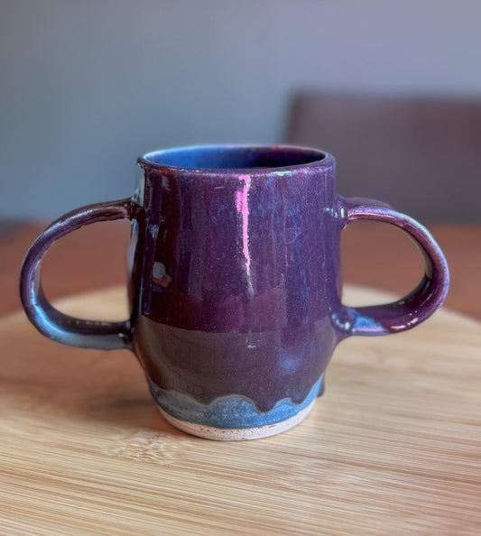 Steady Mug: Handmade Double Handled Mug: Purple Over Blue Ceramic Pottery