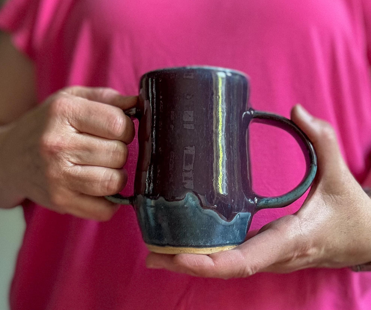 Steady Mug: Handmade Double Handled Mug: Purple Over Blue Ceramic Pottery