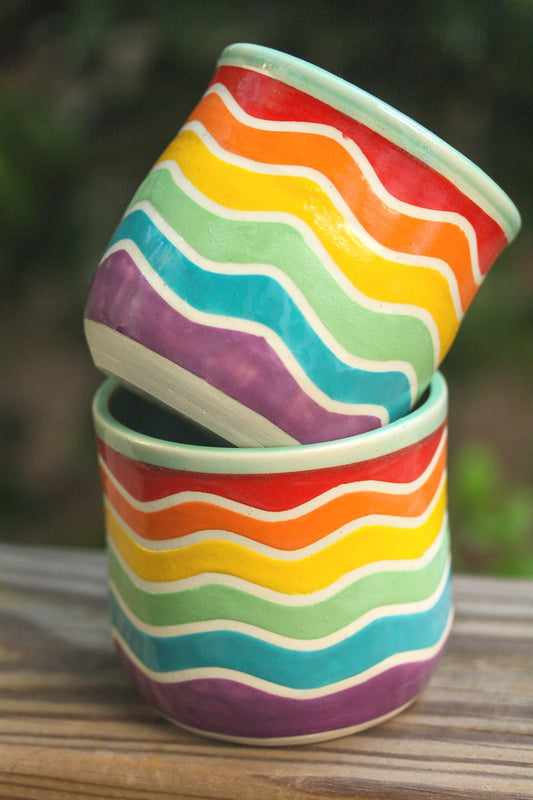 Rainbow Wave Ceramic Cup: Handmade Stoneware Pottery Tumbler, 12oz