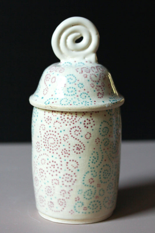 Porcelain Curlicue Lidded Jar – Handmade Ceramic Storage Jar with Sculptural Lid – 9” Tall