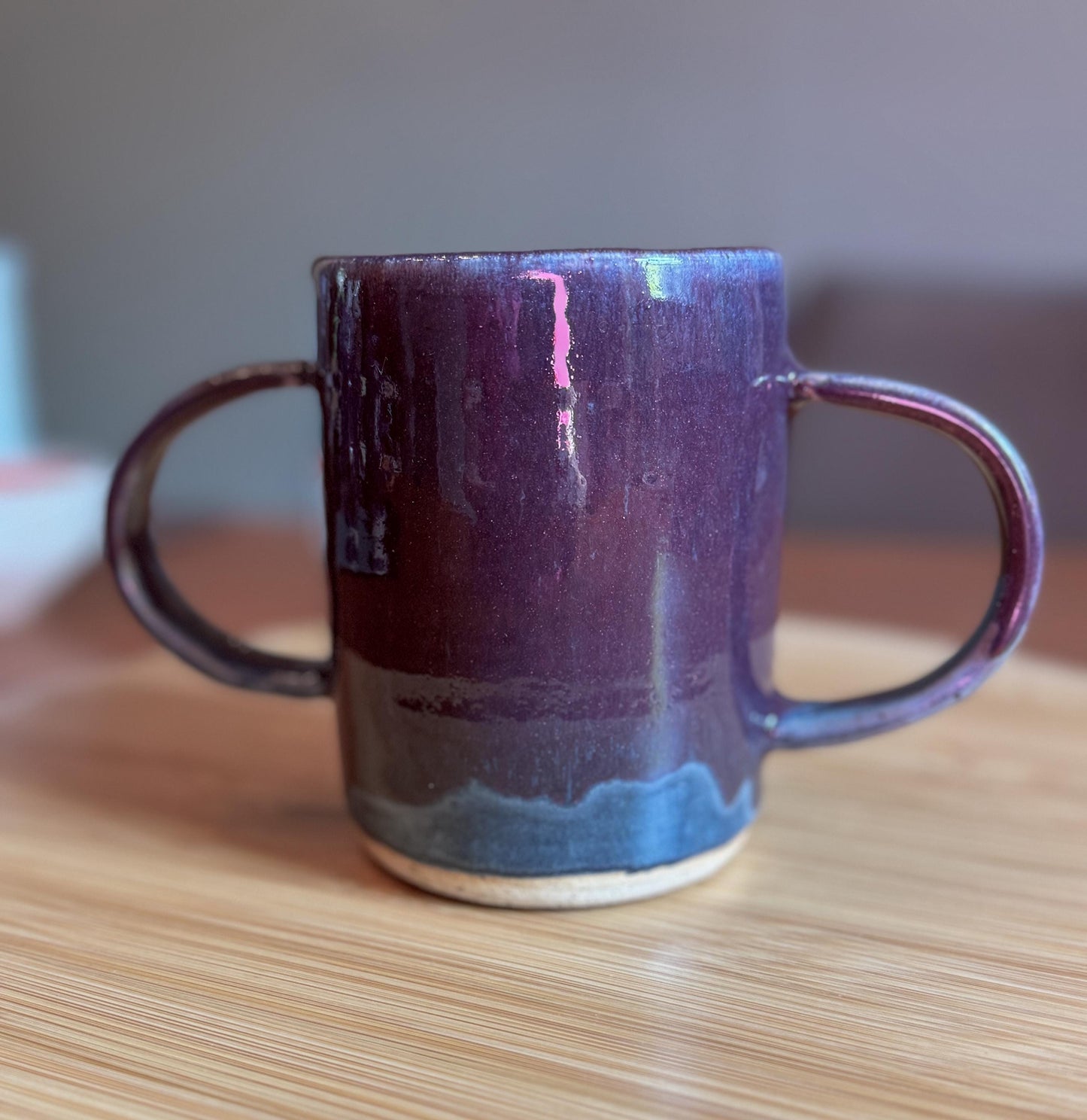 Steady Mug: Handmade Double Handled Mug: Purple Over Blue Ceramic Pottery